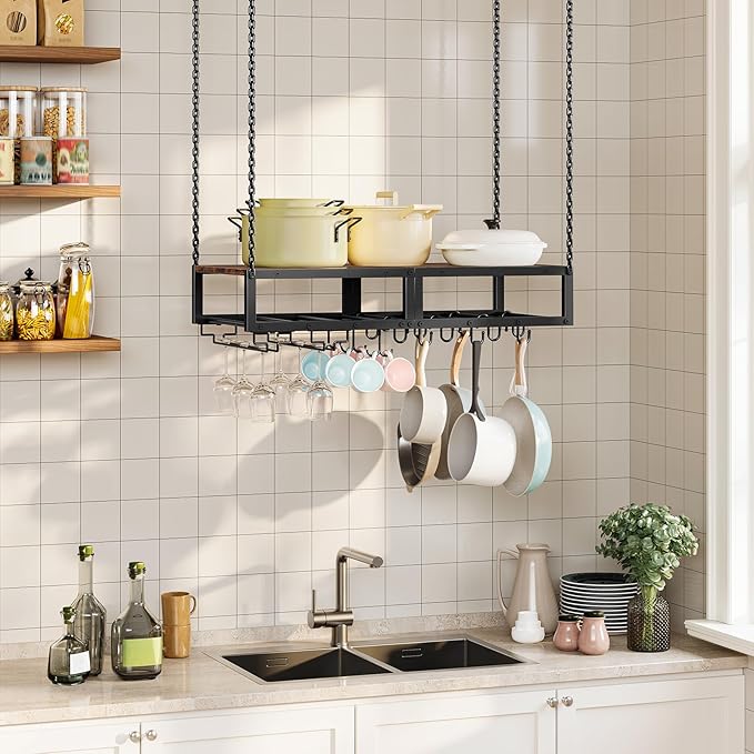 HOOBRO Hanging Pot Rack, Space-Saving Pot Hanger for Kitchen, Ceiling Pan Hanging Rack with 10 S-Shaped Hooks and 3 Dual-Prong Hooks, for Pot, Pan Storage,Space-Saving, Rustic Brown and Black BF78TL01