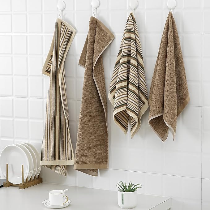 Kitchen Dish Towels for Drying Dishes, Large Cotton Kitchen Towels, Stripped Terry Dish Cloths, Thick Highly Absorbent Towel Sets with Hanging Loop, 16" X 26", 6 Packs,Beige and Solid Color