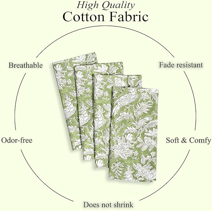 CPC Olive Green Indian Block Print Cotton Cloth Napkins Set of 4, 18x18 Reusable Everyday Napkins, Soft, Absorbent, Floral Dinner Napkin, Holiday, Party Gift, Spring,Mother's Day