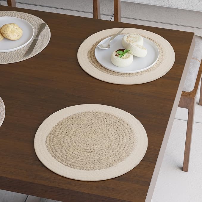 Encasa XO Dining Placemats Set of 6 | Cotton Round Table Mat - 13 in Diameter | Beige Mix Combo | Handmade Rib Style Chargers for Dinner Plates