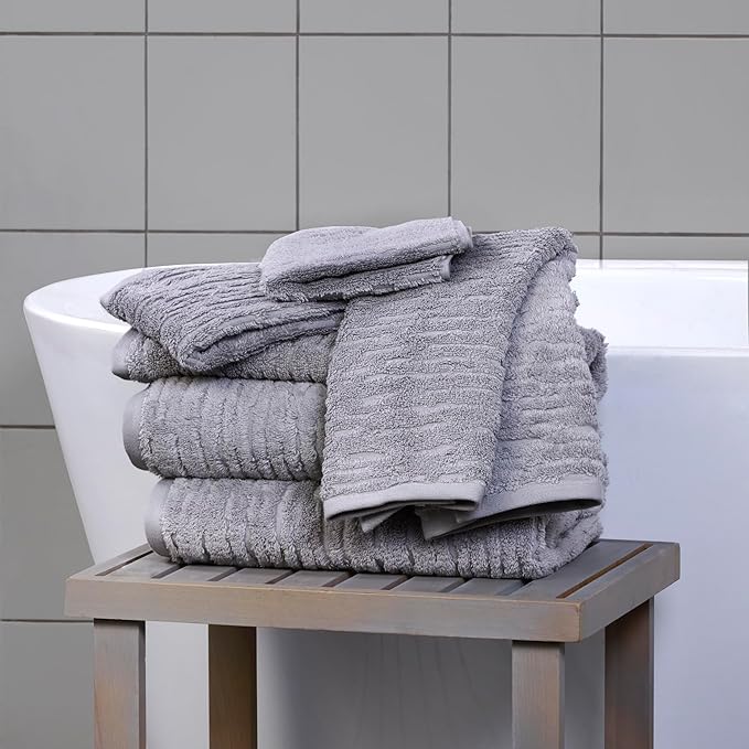 SKL Home CloudSoft 100% Cotton Luxury 6-Piece Towel Set, 600 GSM, Ultra Plush & Absorbent - 2 Bath Towels, 2 Hand Towels, 2 Washcloths, Gray