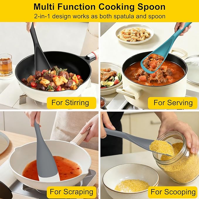 Beijiyi 3 Pack Silicone Cooking Spoons, 12.6 In Multifunction Spatula Spoon for Nonstick Cookware, BPA-Free Kitchen Utensils, Great for Cooking, Serving, Mixing, Multicolor (Black/Blue/Grey)