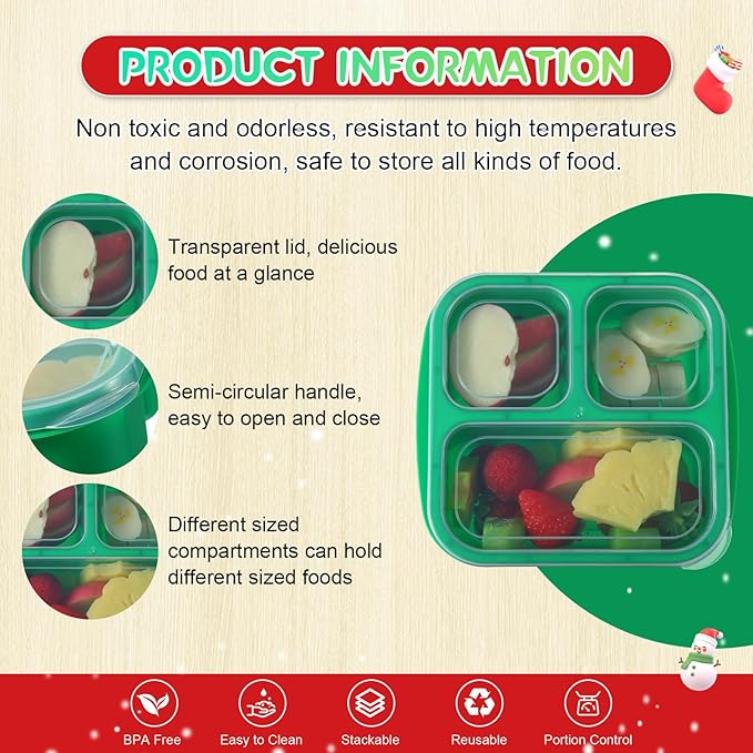 Honeydak 5 Pack Snack Containers 3 Compartment Bento Snack Boxes Divided Meal Prep Containers with Lids Reusable Adults Lunch Food Storage Box for School Work Travel(Christmas Color)