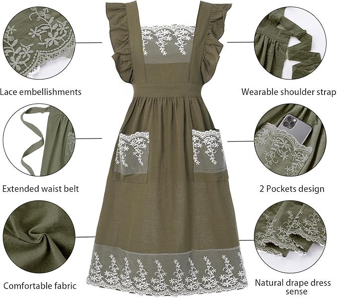 Aoomzoon Vintage Aprons for Women with Pockets Cute Lace Ruffle Adjustable Apron for Cooking Kitchen Baking Gardening