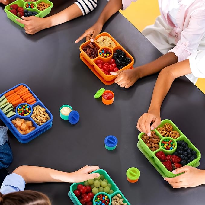 Bento Snack Box Containers, Meal Prep Container Reusable for Kids, Stackable Bento Box Adult 4 Pack, Divided Food Storage Containers with Clear Lids, Sauce Container, Bright Colors