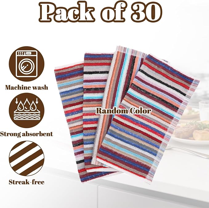Lemecima Premium Kitchen Dishcloths Set of 30, Ultra Absorbent 100% Cotton Cleaning Cloths for Washing Dishes, Drying, Scrubbing, 12x12 Inches Multicolor Striped Patterns