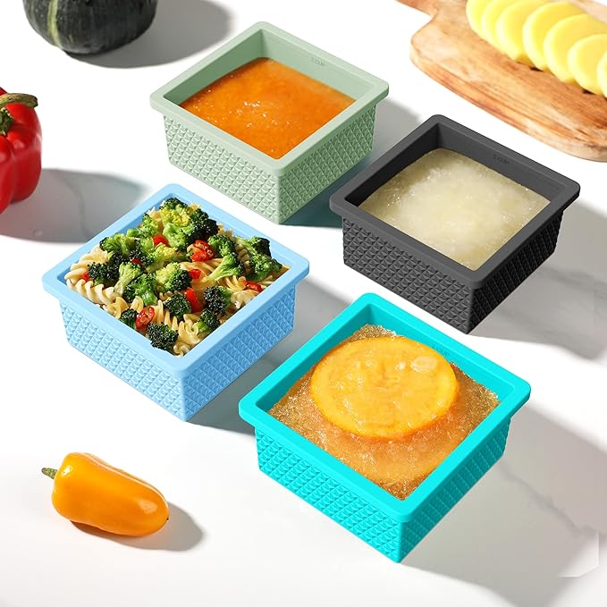 Silicone Freezer Molds for Soup Cube - 2-Cup Freezer Storage Container Tray with Lid,4 Pack Stackable Ice Cube Trays for Portion Control,Food Storage & Meal Prep (Blue+Green+Light Blue+Dark Gray)