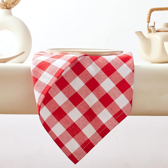 Cloth Napkins Set of 12, 100% Cotton Dinner Napkins 18x18 Inch, Soft Absorbent Gingham Check Napkin for Restaurant, Table Décor, Reusable Washable for Everyday Use - Red/White