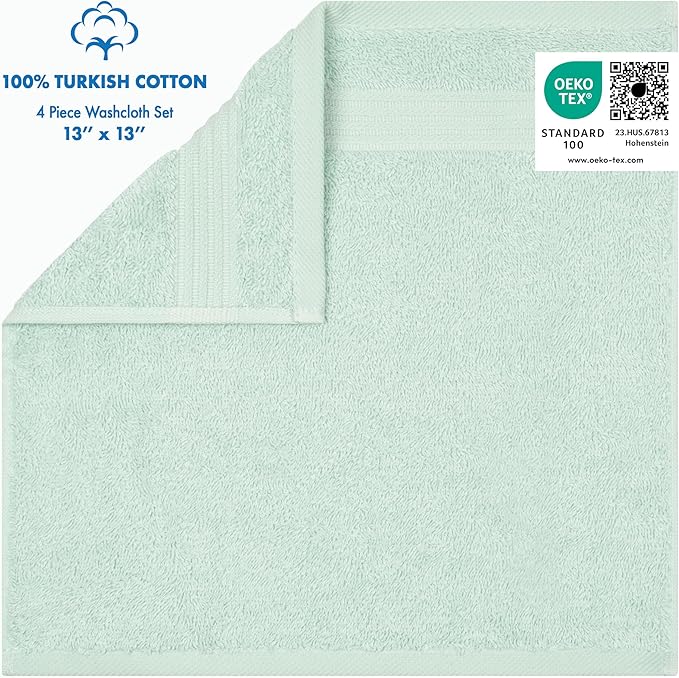 Cotton Paradise 100% Cotton Turkish Washcloth Set for Bathroom, 4 Piece Soft Absorbent Small Towels Wash Rags, Mint