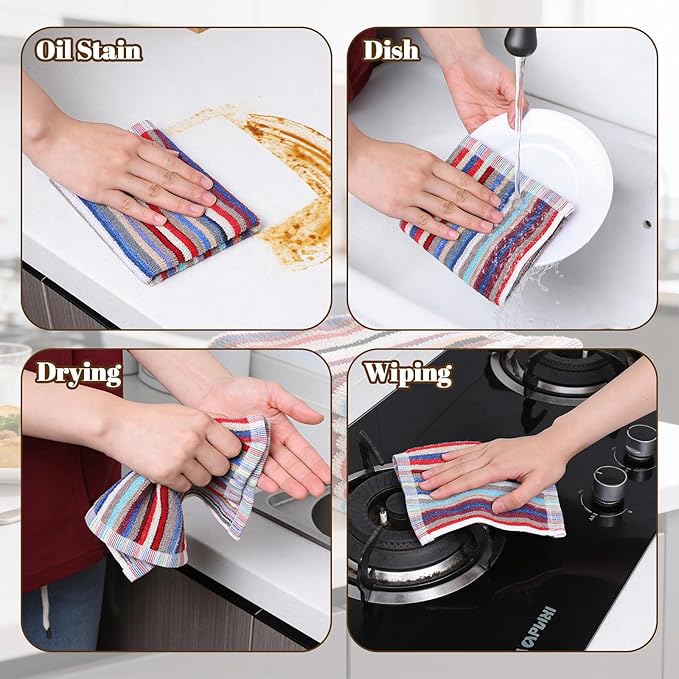 Lemecima Premium Kitchen Dishcloths Set of 30, Ultra Absorbent 100% Cotton Cleaning Cloths for Washing Dishes, Drying, Scrubbing, 12x12 Inches Multicolor Striped Patterns
