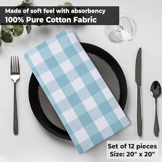 Urban Villa Cotton Dinner Napkins Set of 6, Highly Absorbent 20x20 Inches Premium Cloth Napkins Hotel Quality Reusable & Washable Table Dinner Napkins for Home & Weddings - Aqua/White, Checks