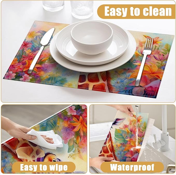 Watercolor Giraffe Placemats Set of 6, Flower Floral Linen Place Mat Washable Stain Resistant Table Mats for Farmhouse Kitchen Party Wedding Decor 12x18 Inch