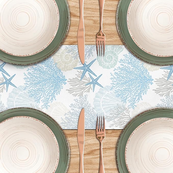 Linen Coastal Table Runner 13x71 Inch Blue Teal Summer Beach Nautical Table Runners Modern Kitchen Dining Table Decorations Rustic Coffee Table Dresser for Home Holiday Party Decor (Blue71)