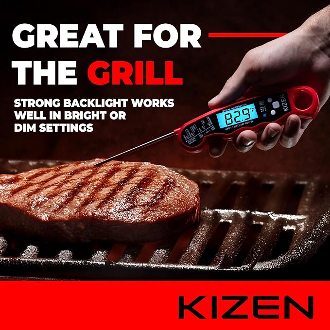 KIZEN Instant Read Meat Thermometer Digital - Food Thermometer for Cooking, Grill, Oven, BBQ - IP67 Rated Waterproof - Large Backlit Display and Magnetic Back