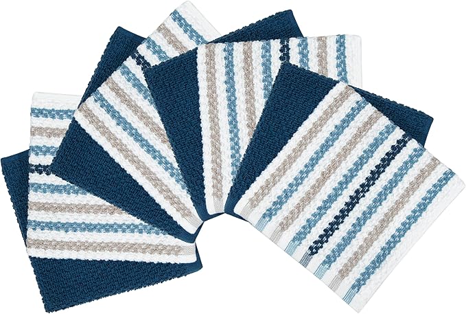 Bumble Premium Dish Cloths Towel 12"x12" | 100% Natural Ring Spun Cotton Tea Towel Set | 430 GSM | Highly Absorbent & Soft Dish Towels | 8 Pack - 4 Popcorn Wide Striped & 4 Solid Kitchen Towels - Blue