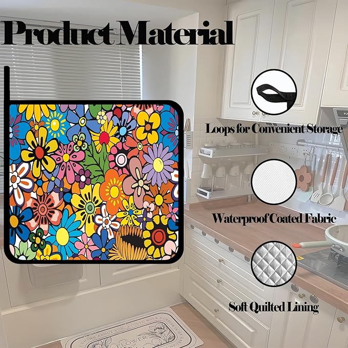 Retro Hippie Flower Pot Holders Set of 2,Kitchen Heat Resistant Potholder for BBQ Cooking Baking,Food Hot Pad for Women Men