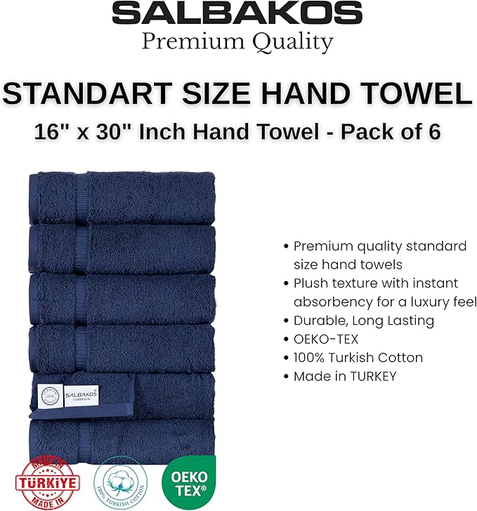 SALBAKOS 100% Turkish Cotton Hand Towel Set of 6, 16x30 inch | Premium Quality | Hotel & Spa Collection | Ultra Soft, Super Absorbent, Long Lasting Hand Towels | Made in Turkey (Navy, 6 Hand Towels)