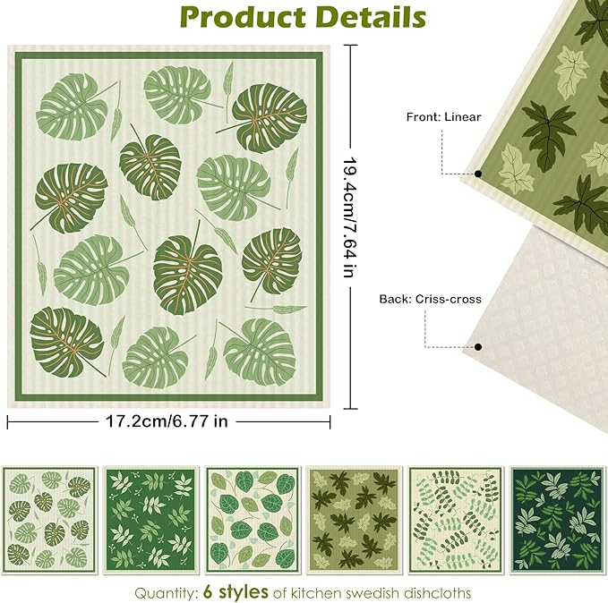 6 Packs Swedish Paper Cloths for Kitchen, Reusable Paper Towels Washable Dish Rags, Highly Absorbent Kitchen Towels Quick Drying Swedish Sponge Cleaning Dish Cloths(Green Plant Leaves)