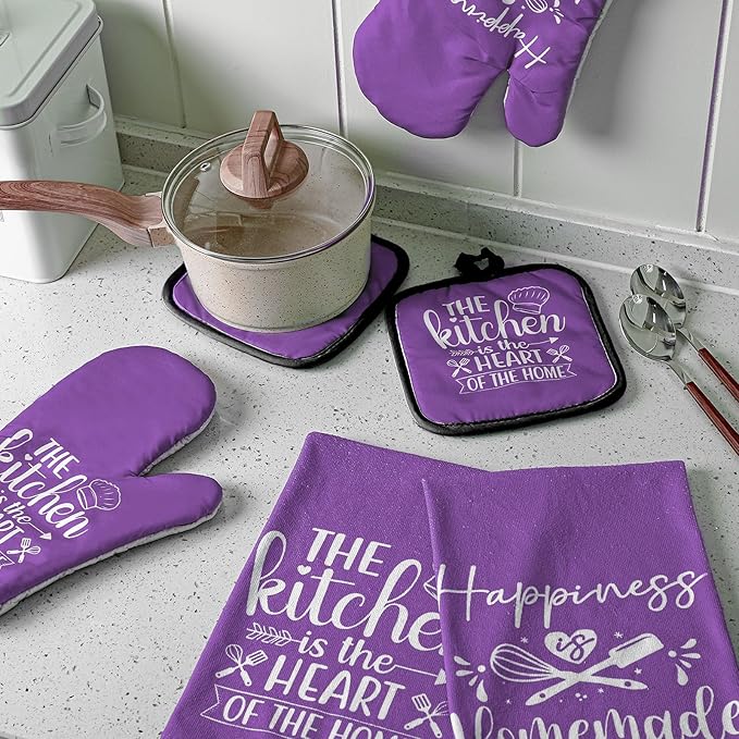 Sratte 6 Pcs Kitchen Decor Accessories Set Farmhouse Towels Pot Holders Oven Mitts Set 2 Dish Towels 2 Potholders 2 Cooking Mittens Oven Glove for Christmas Baking Cooking (Purple,Kitchen)