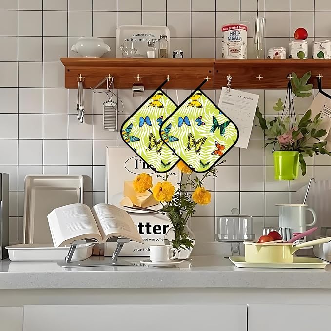 Butterfly and Leaves Pot Holders Set of 2,Kitchen Heat Resistant Potholders for Microwave Cooking Baking Oven and BBQ Gifts for Women