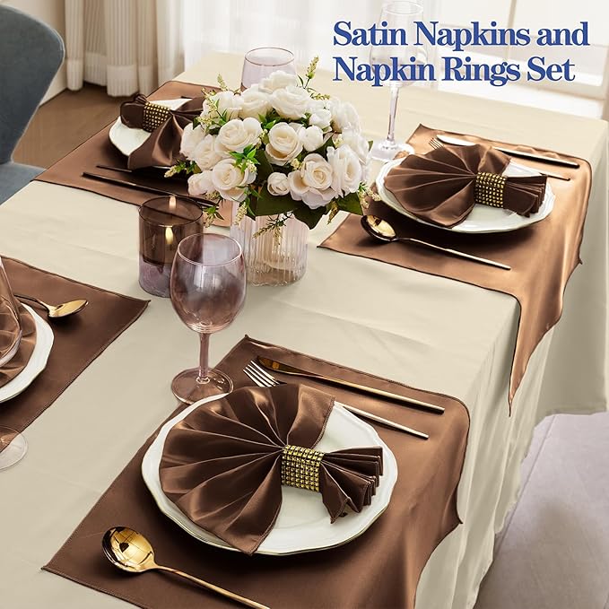 RUDONG M 100 Pcs Chocolate Brown Satin Napkins and Napkin Rings Set, 17 x 17 Inch Square Cloth Napkins Set of 50, Silky Soft Table Napkins Bulk for Weddings, Banquet, Parties Dinner Decoration