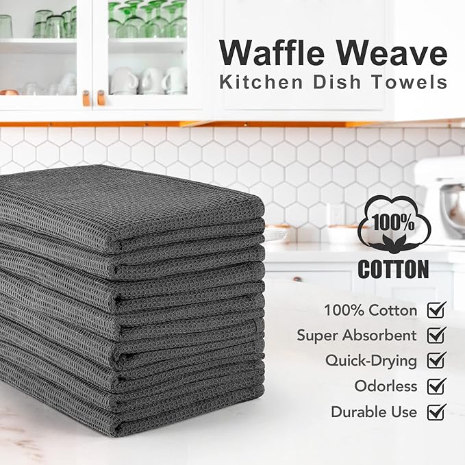 PY HOME & SPORTS 8 Pack Cotton Waffle Weave Kitchen Towels 17 x 25, Super Absorbent Kitchen Hand Dish Cloths for Drying and Cleaning (Dark Grey)