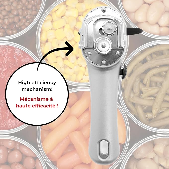 Starfrit Securimax Auto Can Opener - Patented Safe Edge Technology with Lid Lifter - Leaves No Sharp Edges on Lid & Can - Heavy Duty Non-Slip Knob - Grey