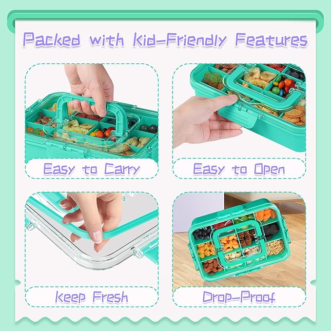 Xyptorix Snack Box Container for Kids - Adjustable 12-Compartment Snack Containers, Reusable Bento Box, Dishwasher Safe, BPA-Free, Perfect for School, Travel, Camping & Picnic, Green