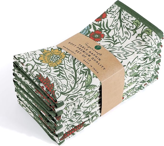 FINGERCRAFT Cloth Napkins, Set of 12 Cotton Linen Blend Printed Dinner Napkins Cloth Mitered Corner Perfect for Parties Dinners Weddings Cocktail Christmas Easter 20x20 Botanical Garden