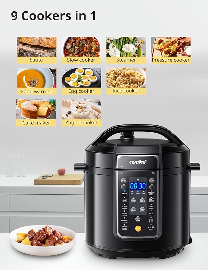 COMFEE’ 12-in-1 Electric Pressure Cooker, Instant Multi, Non-Stick Pot, Yogurt Maker, Rice Cooker, Slow, Sauté Steamer, Pressure Cooker 6 Quart Black