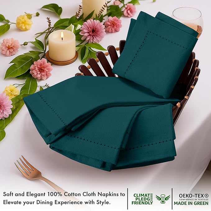 Ruvanti Cloth Napkins Set of 12, 100% Cotton High GSM 18x18 Inches, Hem Stitched Corners, Soft, Washable, Highly Durable & Absorbent, Perfect for Parties, Christmas, Thanksgiving Dinners – Deep Teal