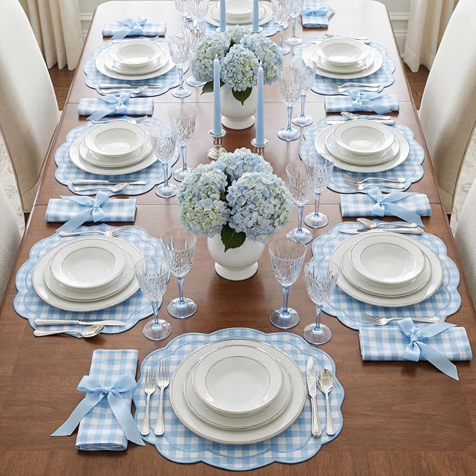 Breling Set of 6 Blue Gingham Placemats Scalloped Embroidered Cotton Linen Placemats 17" x 13" Double Layered Machine Washable Table Place Mat for Wedding Birthday Baby Shower Party Table Decor