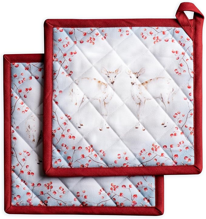 Maison d' Hermine Pot Holders Set 100% Cotton Heat Resistant Potholders 8" x 8" Hot Pads with Loop for Thanksgiving Christmas Decorations BBQ Baking Handling Hot Pans (Pack of 2, Fairy Tale Forest)
