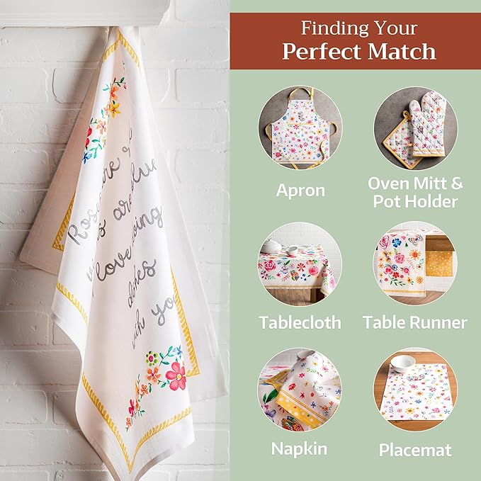 Maison d' Hermine Kitchen Towels Set of 3 100% Cotton 27.50" x 20" Reusable Cloth Dish Towels Absorbent with Hanging Loop for Kitchen Gifts for Mothers Day Spring/Summer (Happy Florals - Sweety)