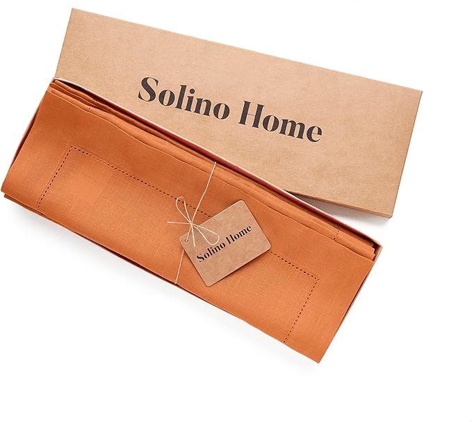 Solino Home Linen Placemats Set of 4 - Classic Hemstitch Pumpkin Placemats 14 x 19 Inch - 100% Pure Linen Table Mats
