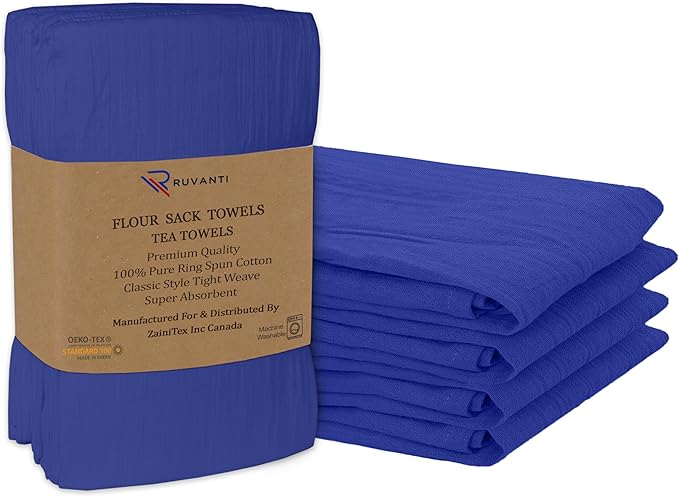 RUVANTI Flour Sack Towels 4 Pack 28x28 Inch, 100% Cotton Tea Towel, Reusable, Machine Washable, Absorbent BarTowels - Dish Cloth Perfect for Drying Dishes & Cleaning - Navy