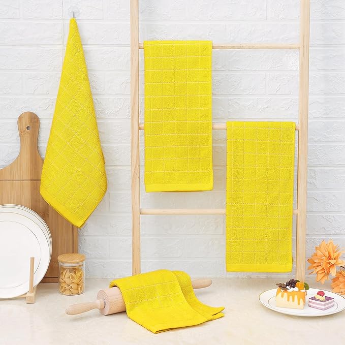 Homaxy 100% Cotton Terry Kitchen Towels(Yellow, 13 x 28 inches), Checkered Designed, Soft and Super Absorbent Dish Towels, 4 Pack