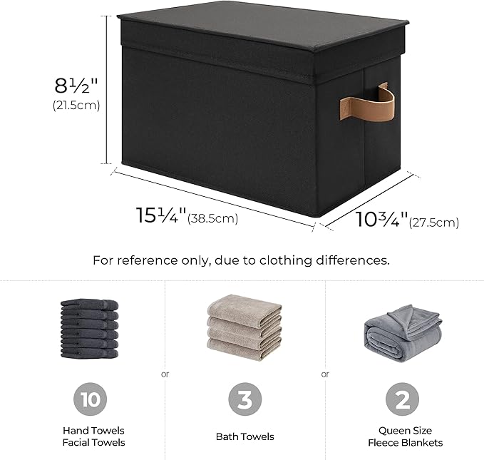 StorageWorks Black Storage Bins with Lids, Decorative Storage Boxes with PU Handles, Foldable Storage Baskets for Closet, Shelves, Stackable, Large, 3-Pack