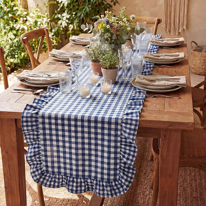 HunnmingRe 1 Pcs Navy Blue Plaid Gingham Ruffle Table Runner 118 x 13.8'' Farmhouse Table Runner 100% Cotton Scalloped Long Dresser Scarves for Dining Room, Wedding, Kitchen Rustic Home Decor