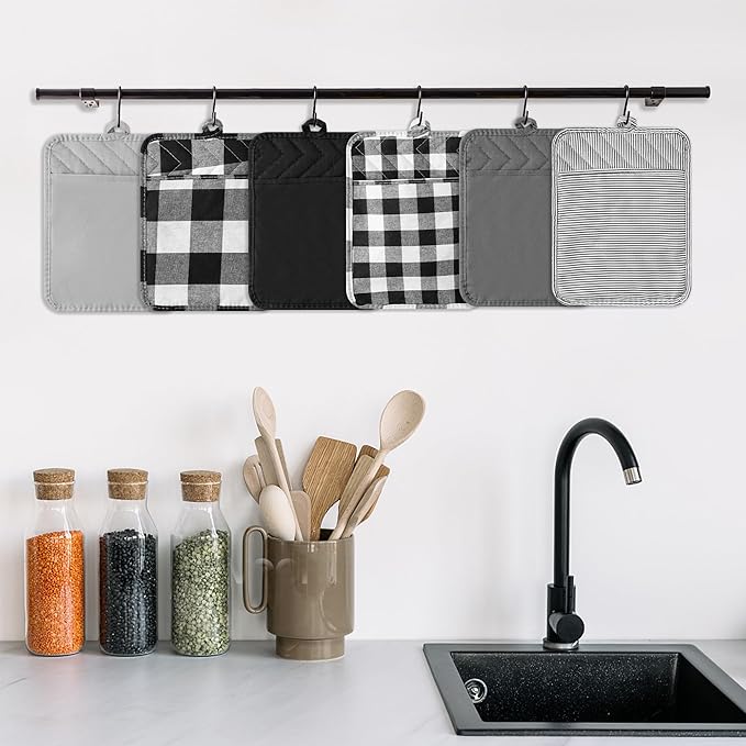 R HORSE 6Pcs Pot Holder with Pocket Black Check Pocket Pot Holder Set Cotton Plaid Kitchen Heat Resistant Potholder Non-Slip Potholder Oven Mitts Hot Pads Terry Cloth Pot Holders for Cooking Baking