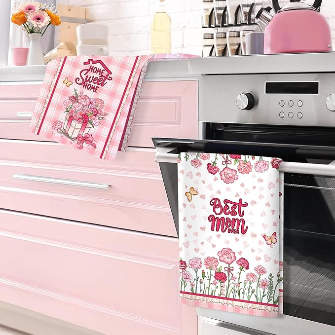Mother's Day Floral Tea Towels, Cotton Kitchen Towel 18.9 × 27.5 inch, Quick Drying Dish Cloth for Party Anniversary Holiday Decoration, Housewarming Gifts for Mom
