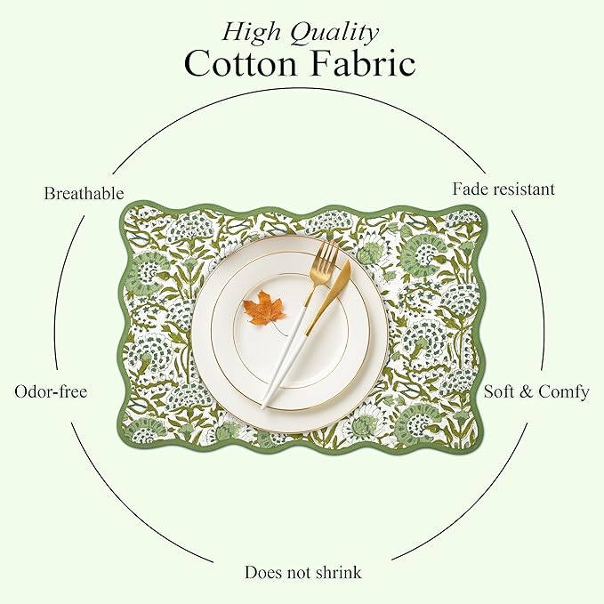 CPC Cotton Placemats Agate Green Set of 4-Hand Block Printed Reversible Placemats, Flower Scalloped & Embroidered Cloth Table Mats - 14 x 20 inch Gift for Spring, Mother's Day
