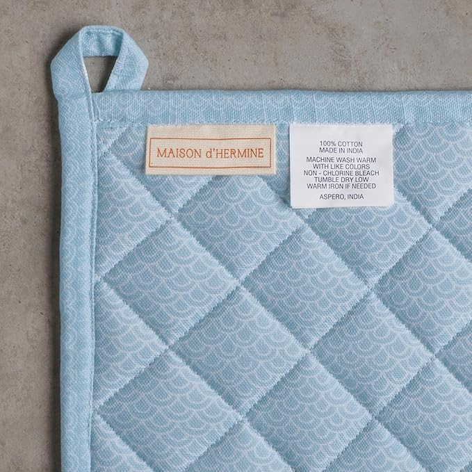 Maison d' Hermine 100% Cotton Oven Mitt & Pot Holder Set (7.5"x13" & 8"x8") Heat Resistant BBQ Cooking Gloves with Loop Baking Grilling Kitchen Gifts for Mothers Day Spring/Summer (Ibiza - Blue)