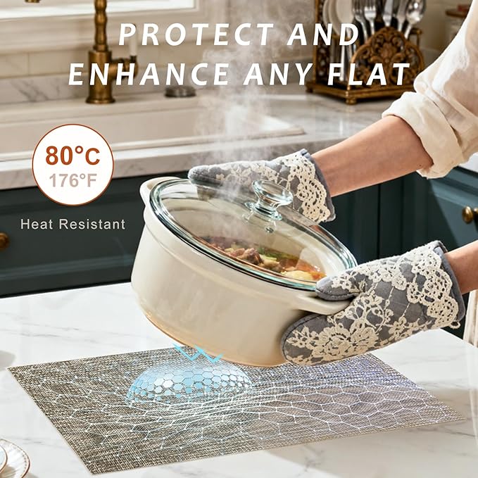 Durable Vinyl Placemats Set of 16, Non-Slip for Dining Table Mat, Heat Resistant Place Mats, Washable Anti-Slip PVC Easy to Clean Wipeable Premium Plastic Mats for Kitchen Brown