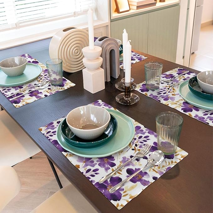 Purple Floral Linen Placemats Set of 4, Gold Accented Flowers Printed Place Mats for Dining Table, Kitchen, Party, Heat Resistant Non-Slip Purple Table Mats, Gift for Wedding, Spring Easter Home Decor