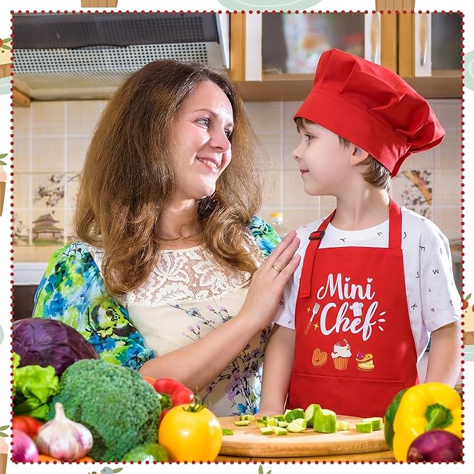 Kids Apron and Chef Hat Set, “Mini Chef” Funny Apron Adjustable Kitchen Apron for Boys and Girls