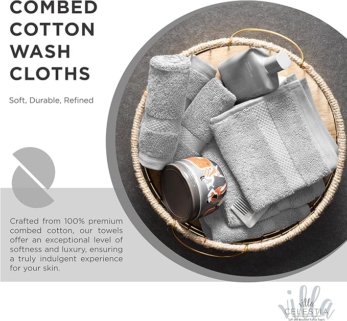 100% Cotton Wash Cloth for face & Body Set of 12, (12 x 12 inches) Sustainable, Soft, Highly Absorbent, Combed Cotton Wash Cloths Pack of 12 for Hotels, Spa, Bathroom, Dorm, Silver