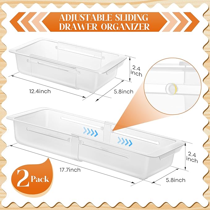 2 Pack Deep Drawer Organizer Bins, Adjustable Sliding Drawer Organizer Bin Expandable Tray for Kitchen Utensils, BBQ Tools, Towels, Durable Plastic Sliding for Easy Storage (12.4" to 18”)