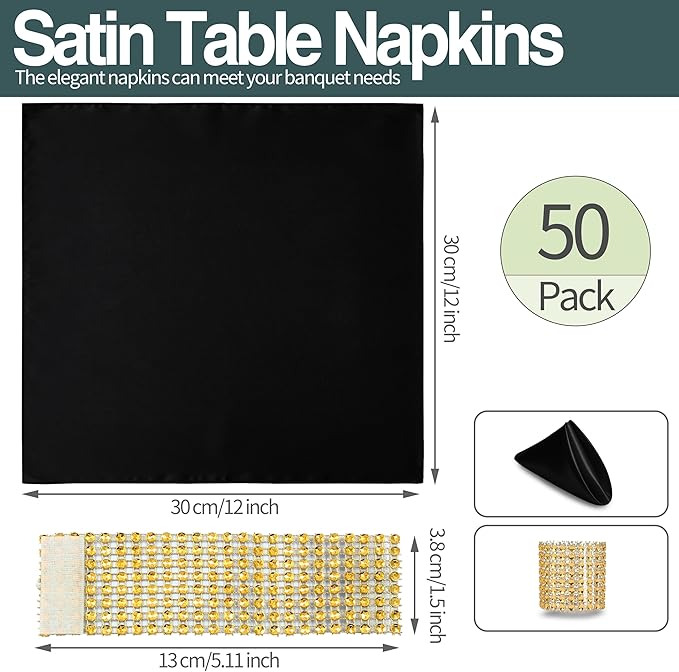 100 Pack Black Satin Napkins and Napkin Rings Set, 12 x 12 Inch Silky Soft Cloth Napkins Set of 50, Square Satin Dinner Table Napkins Bulk for Wedding Banquet Graduation Party Decoration