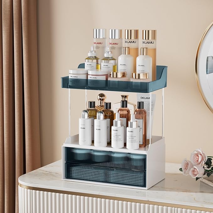 Delamu Bathroom Organizers and Storage, 2 Tier 2 Drawer Makeup Organizer Countertop, Easy to Install, Ideal for Bathroom Counter, Vanity, Ideal for Women Girls, Blue